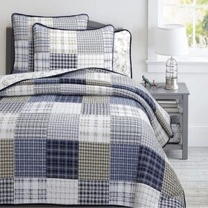 Cozy Line Home Fashions Benjamin Cute Dinosaur Plaid Navy Blue White Grey -Queen
